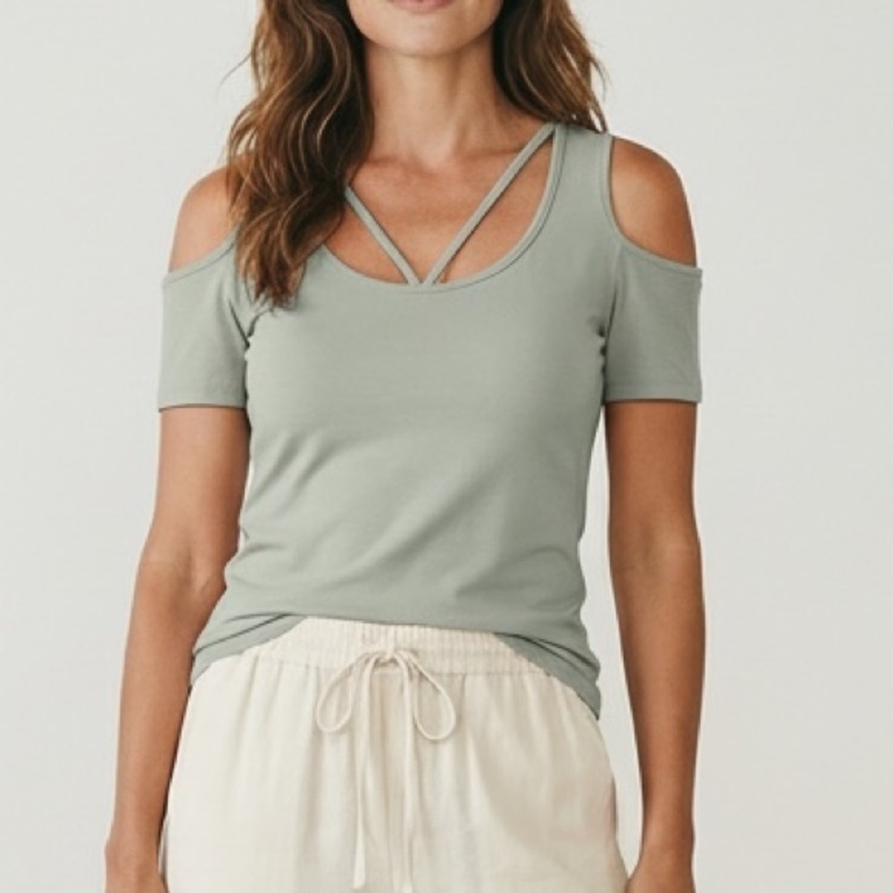 Ambiance cold shoulder strappy Sage Olive Green Fitted  Tee Basic Resortwear